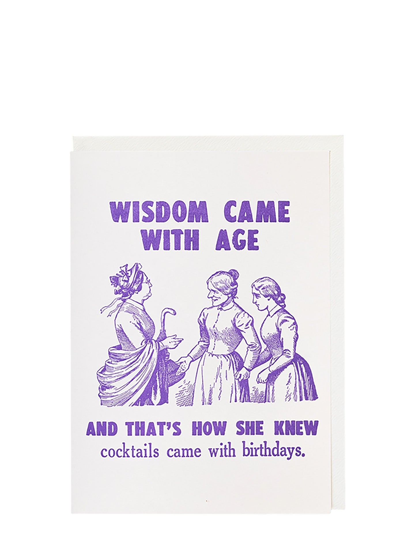 Print with vintage illustration of three women and humorous text about wisdom and cocktails on a white background.