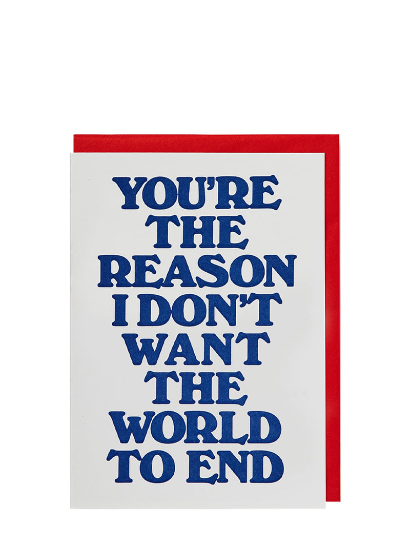 Card with blue text on a white background with a red border