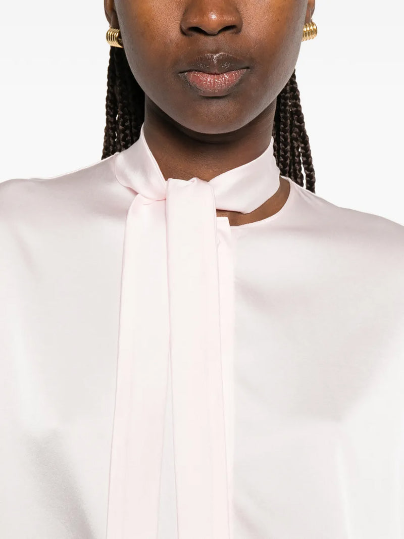 Heavy stretch silk satin bow-tie shirt, pink