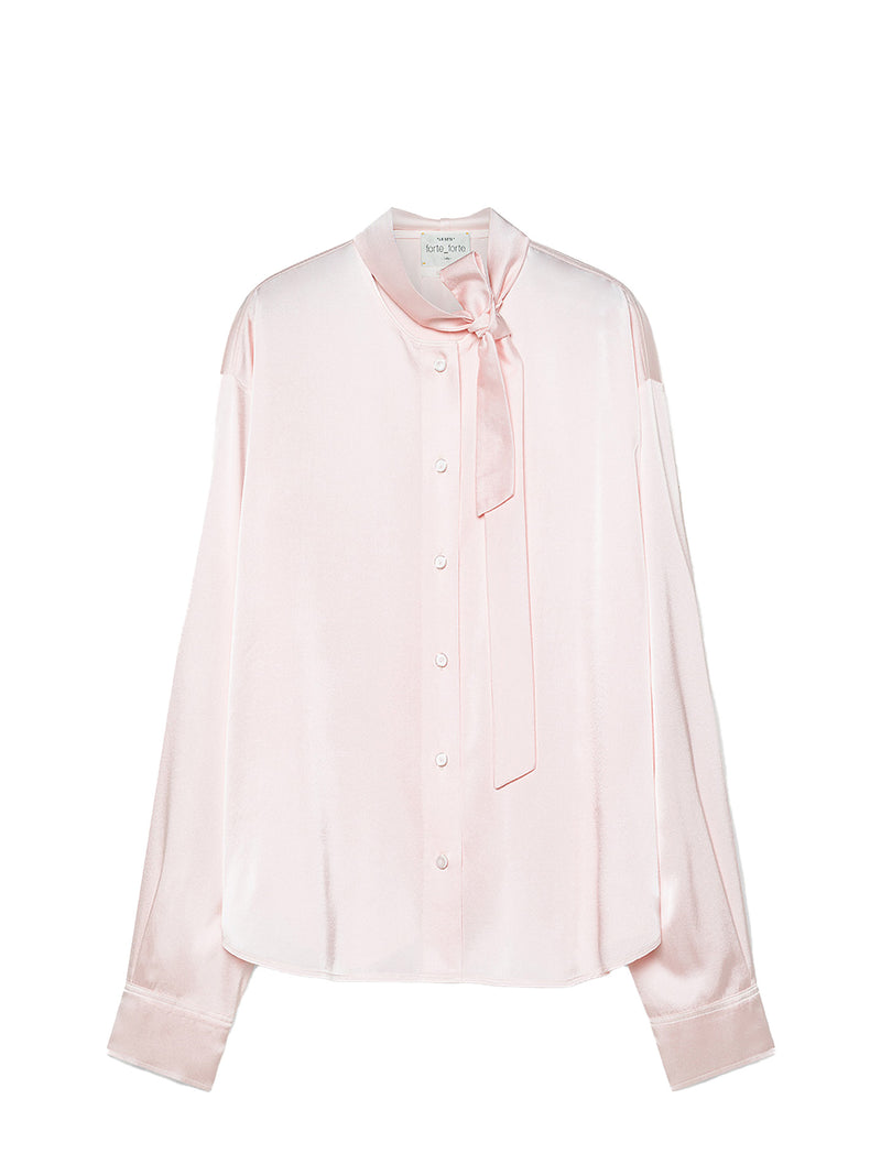 A light pink long-sleeve blouse with a satin-like finish, featuring a high collar, button-front closure, and a matching satin tie at the neck, shown on a plain white background.