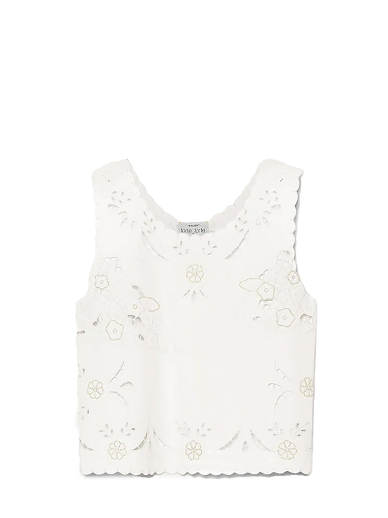 Lace and glass embroidered sleeveless popline cotton top, crystal white