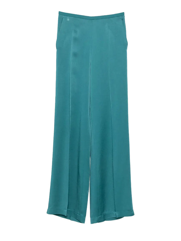 A pair of wide-leg trousers in a vibrant teal green, displayed flat against a solid white background.
