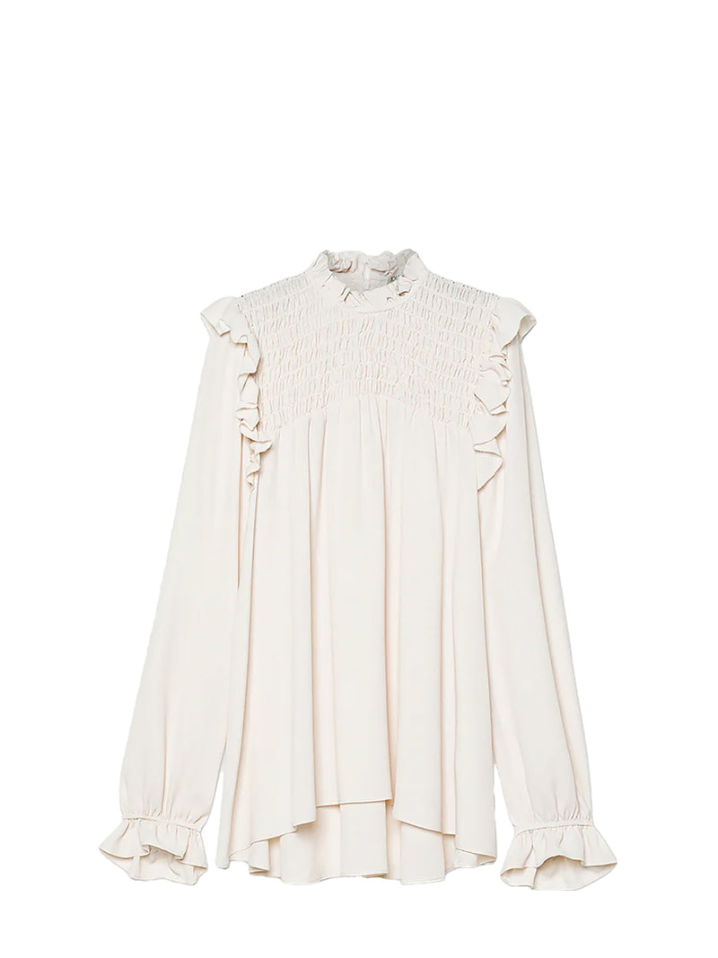 Mixed silk marocaine long sleeves top, white