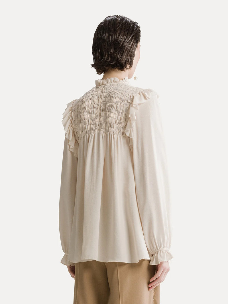 Mixed silk marocaine long sleeves top, white