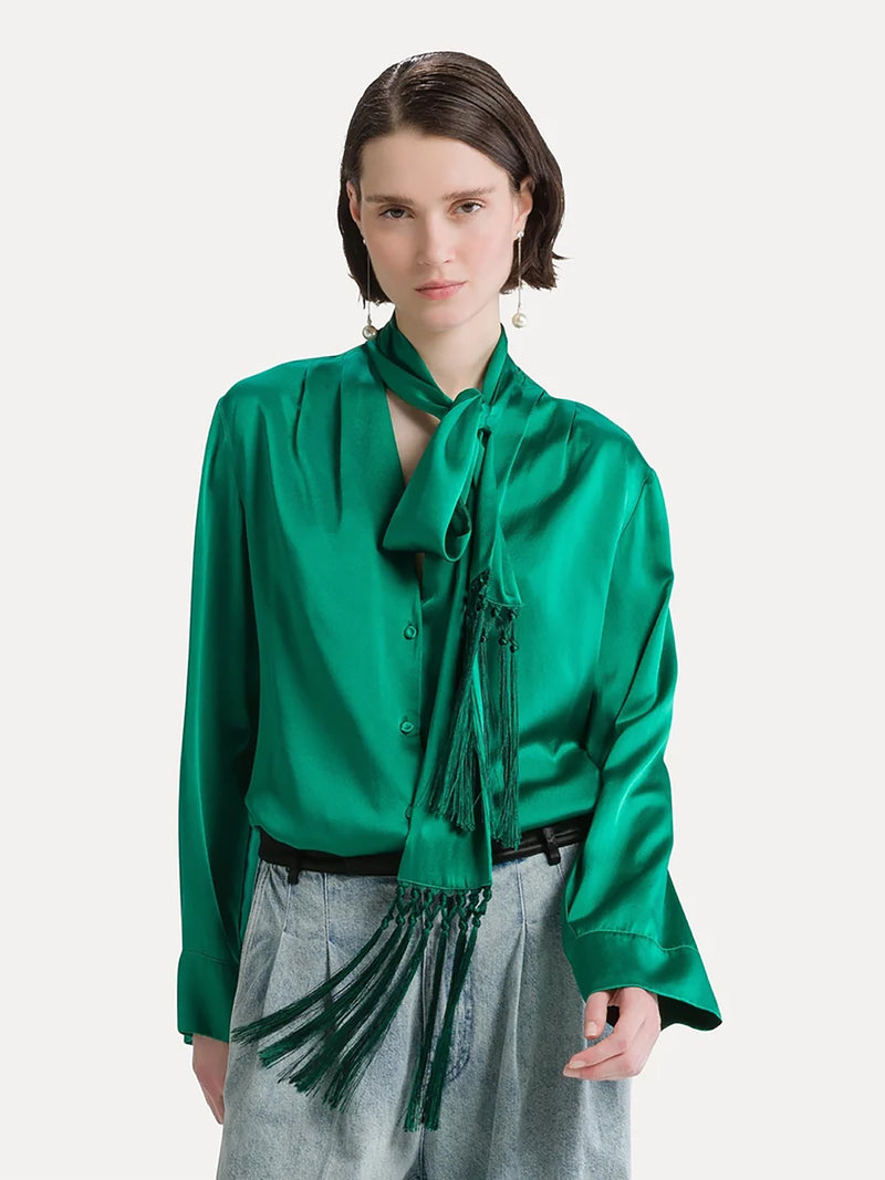 Silk satin shirt with fringed scarf, royal