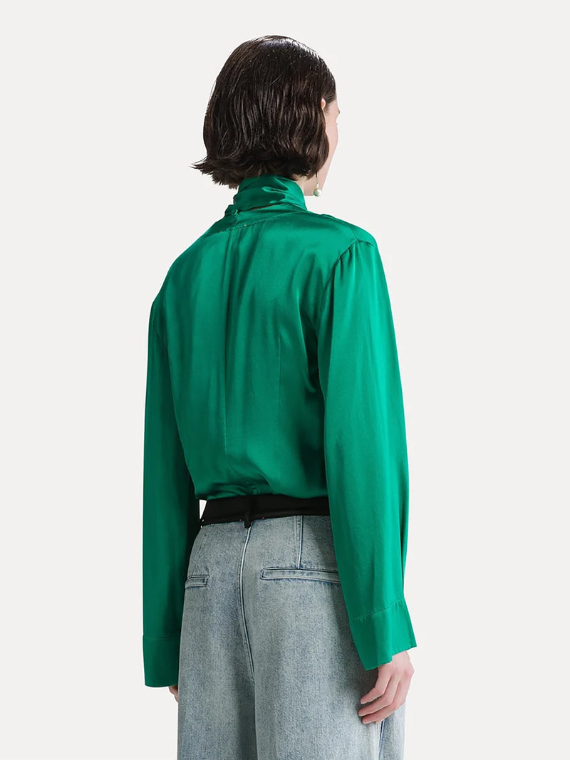 Silk satin shirt with fringed scarf, royal