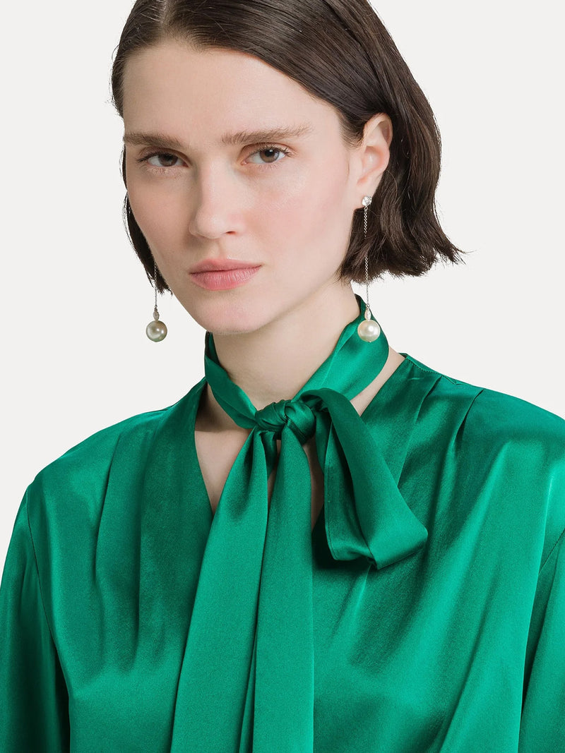 Silk satin shirt with fringed scarf, royal