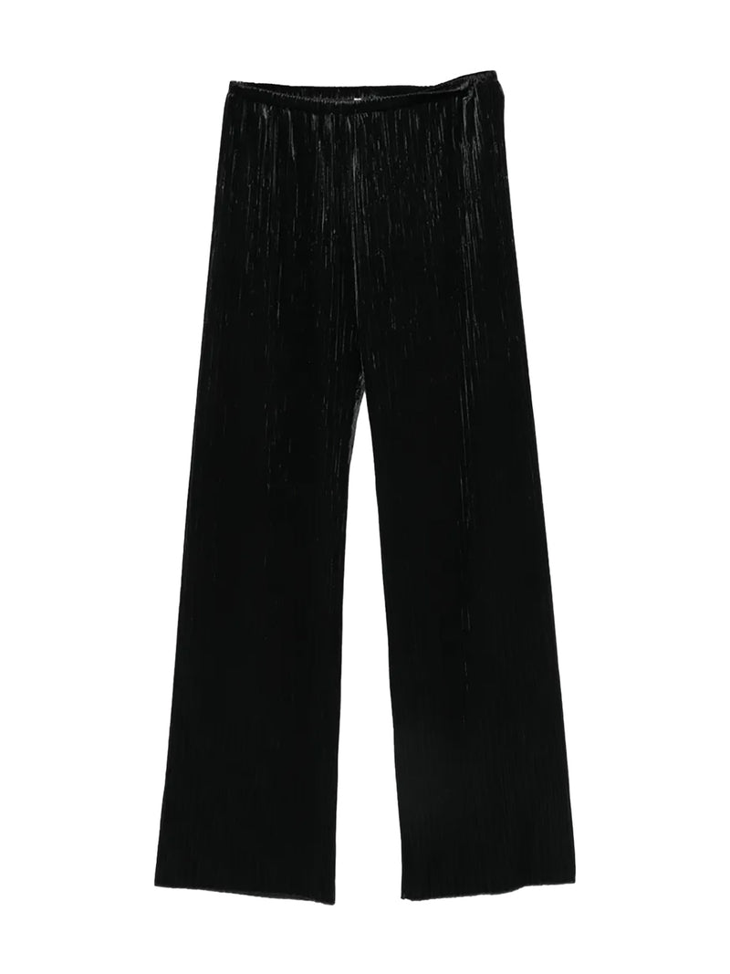 Light blue denim jeans with a faded wash, hanging from a wooden hanger against a plain white background.
