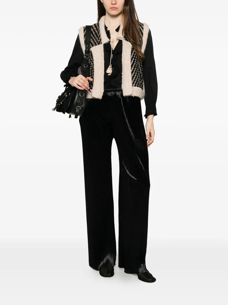 Silky velvet pleated jersey elasticated pants, black