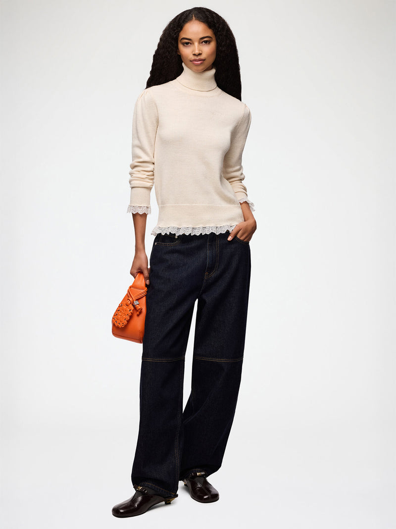 Merino Turtleneck w/lace details, egret
