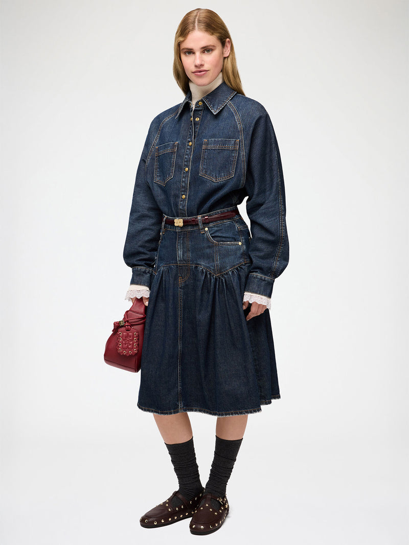 Slub mix denim midi skirt, dark blue vintage