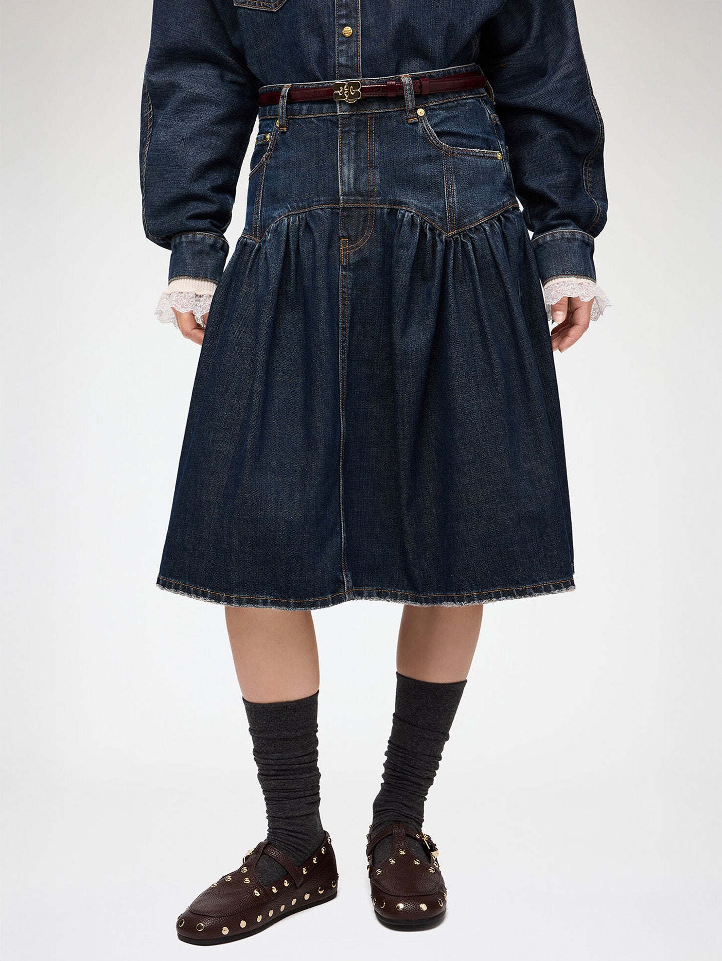 Slub mix denim midi skirt, dark blue vintage