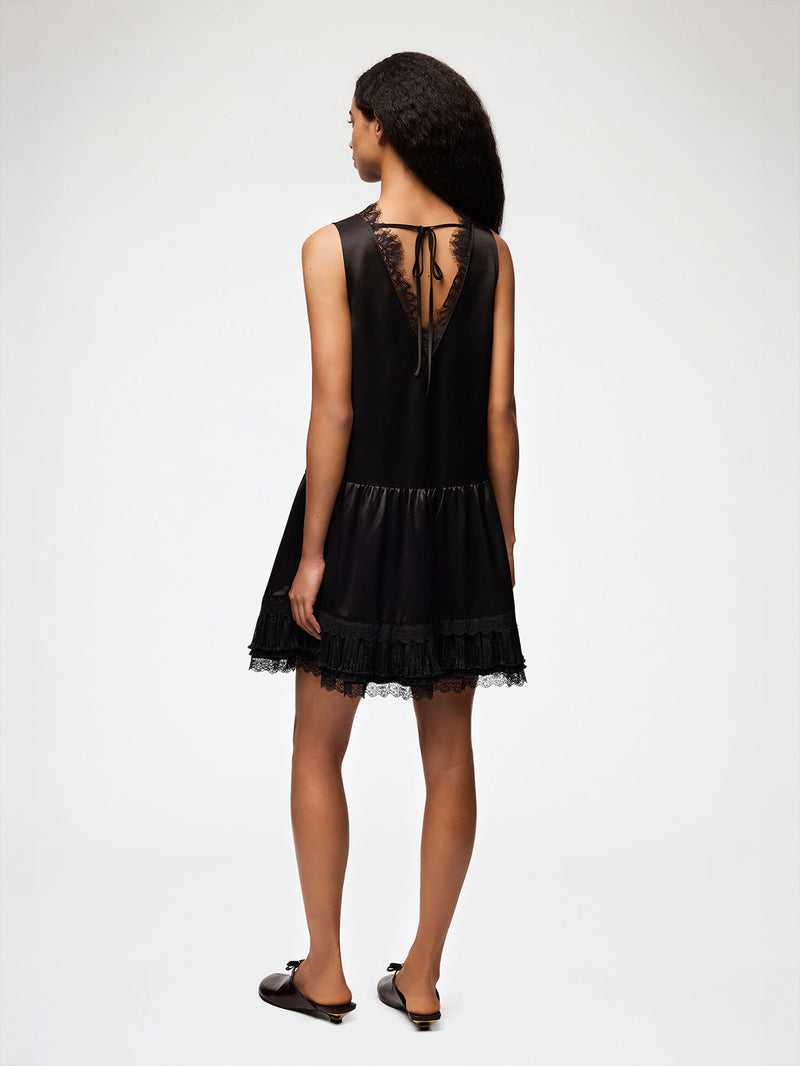 Fluid satin v-neck lace mini dress, black