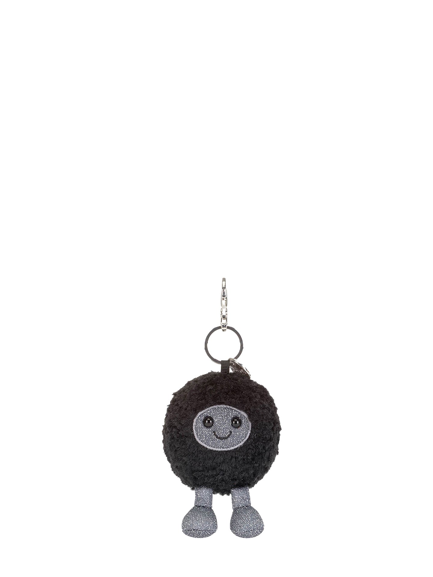 Black and gray plush keychain with a smiling face on a white background