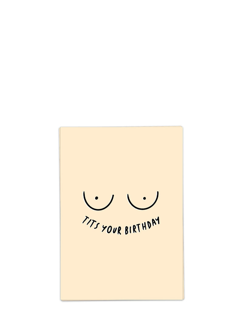 Beige card with black text "Tits your birthday" and design on a white background