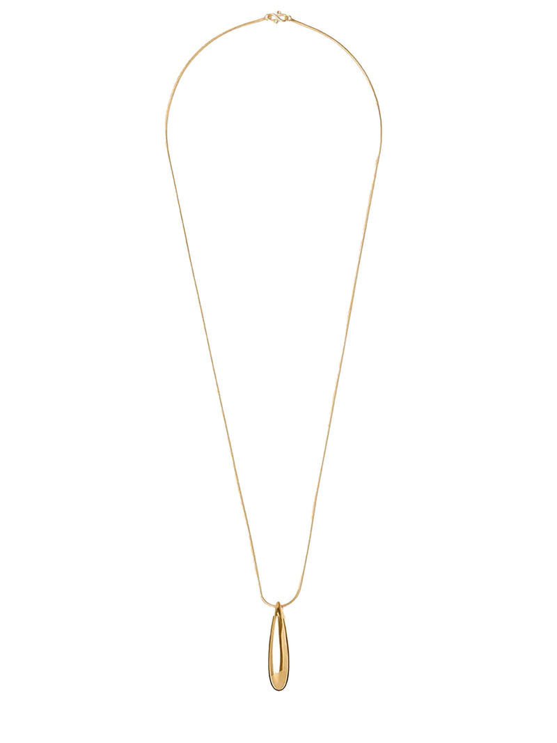 A delicate gold chain necklace with a small, polished gold teardrop pendant, displayed against a solid white background.