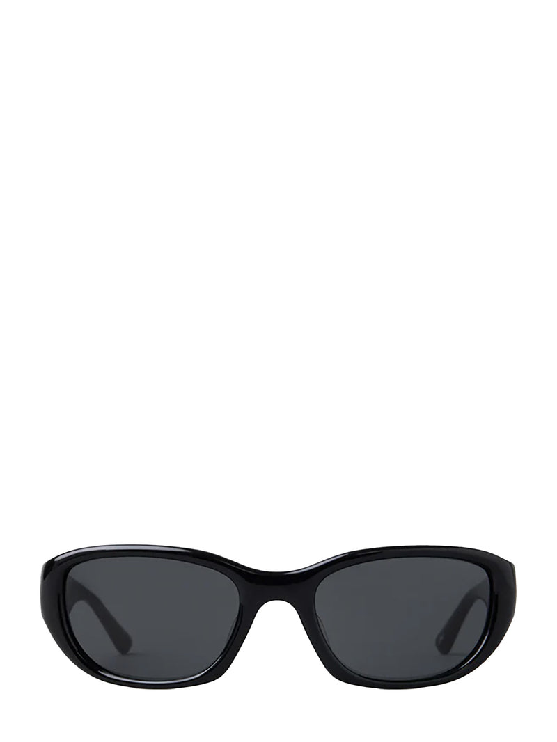 Black cat-eye sunglasses with dark gray lenses, shown from the front on a solid white background.