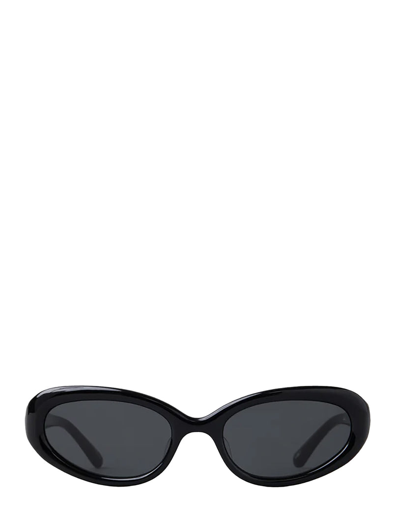 Oval sunglasses with a glossy black frame and dark gray lenses, positioned horizontally against a solid white background.