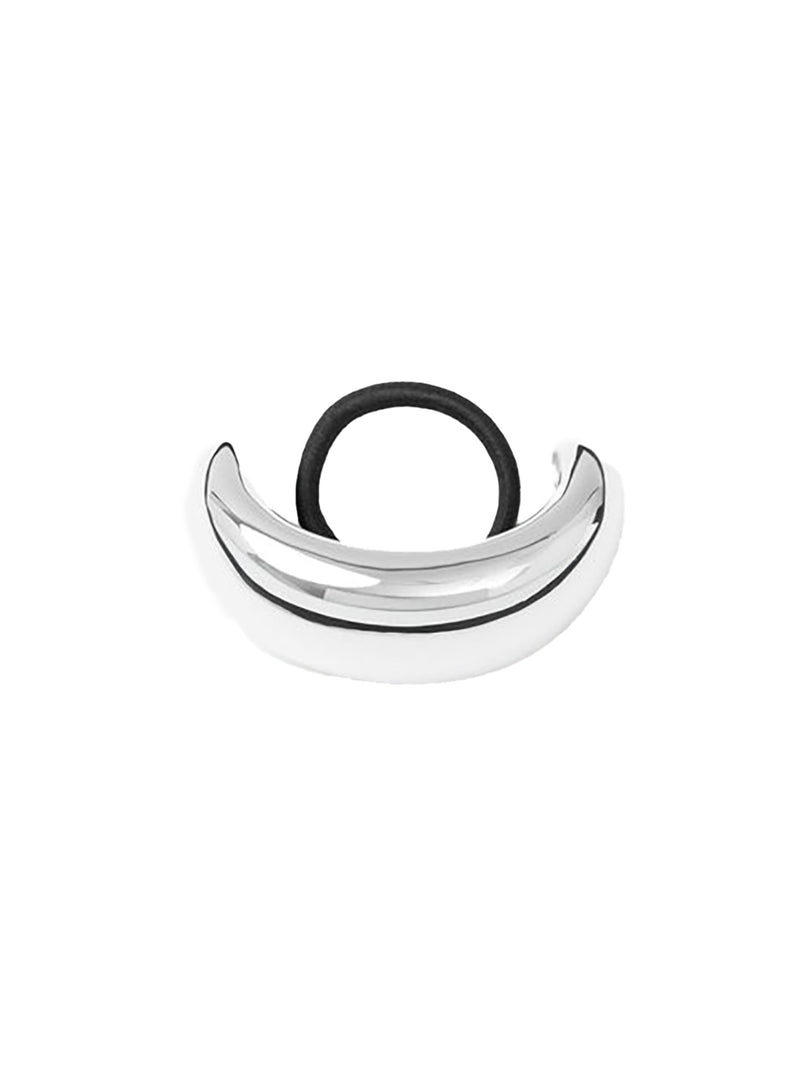 A curved, polished silver metal mouthpiece with a black rubber ring, shown against a plain white background.