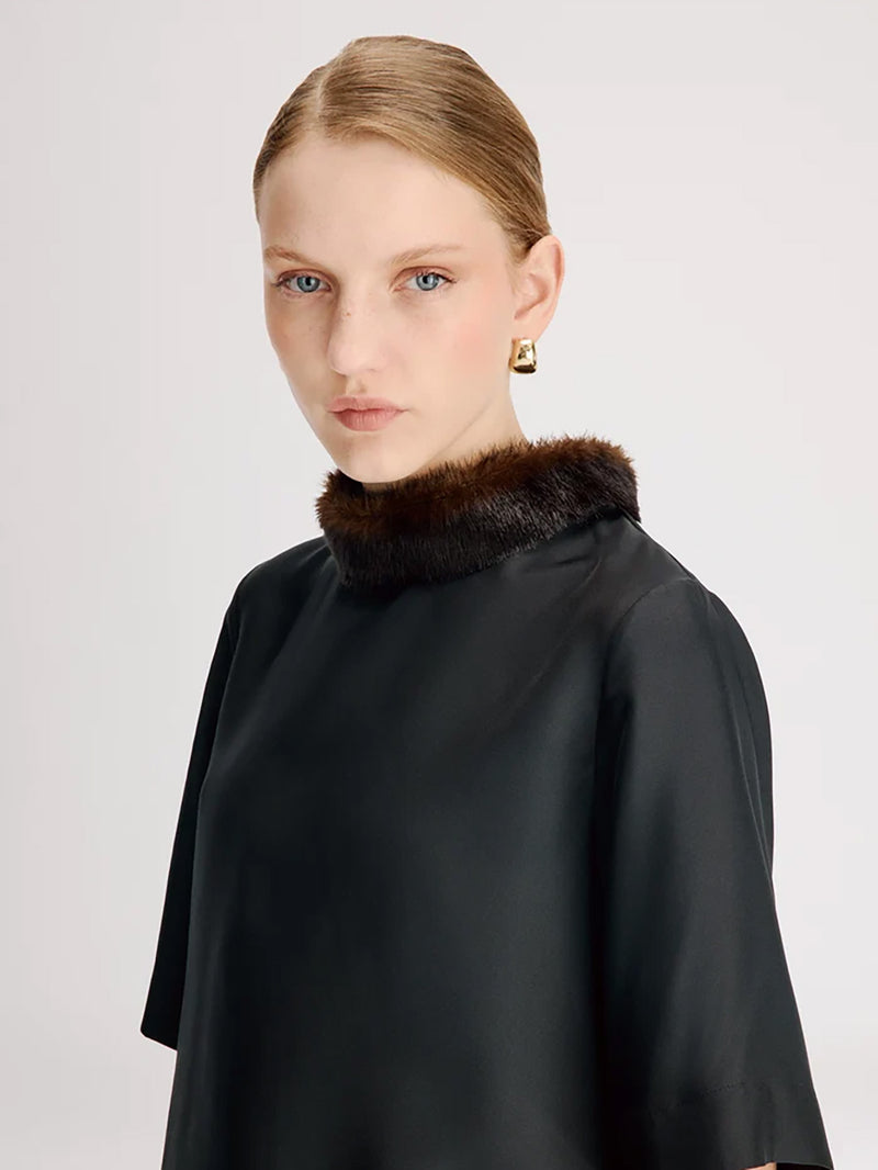 Dana top w/ faux fur collar, black/grizzly