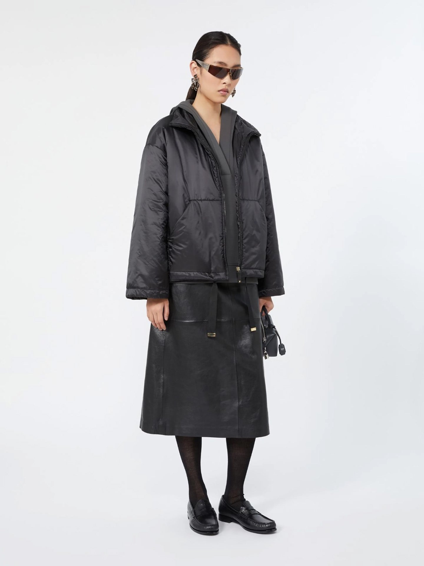 Nappa leather A-line skirt, black