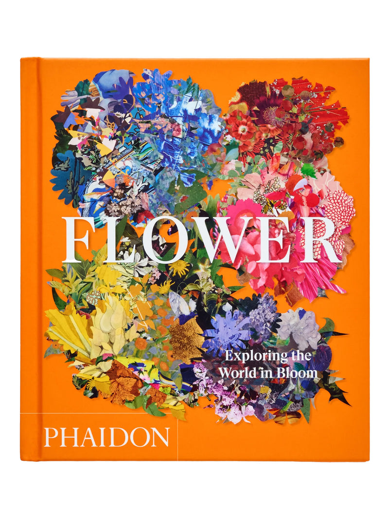 Book titled 'Flower' by Phaidon with colorful floral design on an orange background