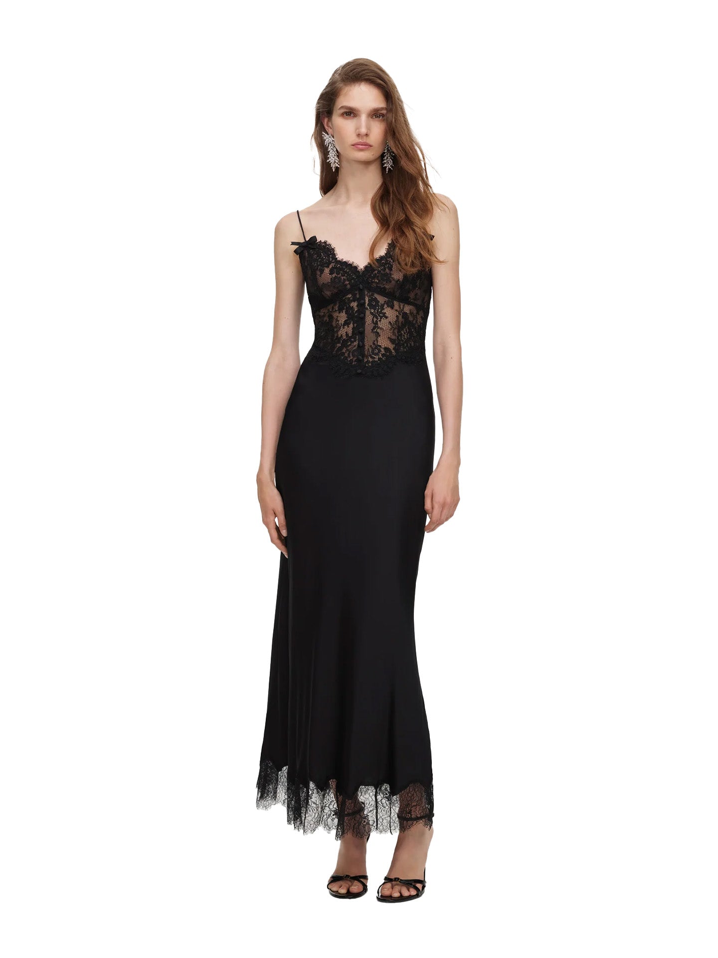 Satin lace midi dress, black