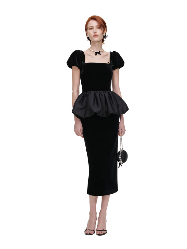 Velvet bubble peplum midi dress, black