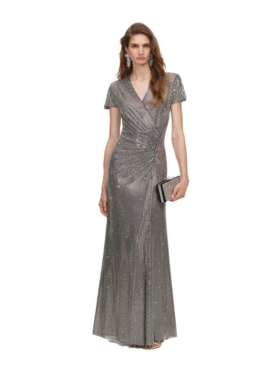 Rhinestone mesh wrap maxi dress, grey