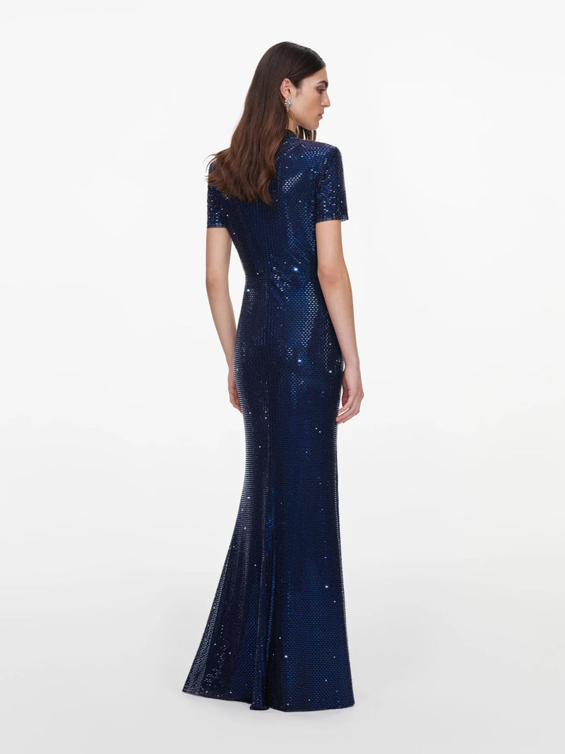 Rhinestone mesh twist maxi dress, navy