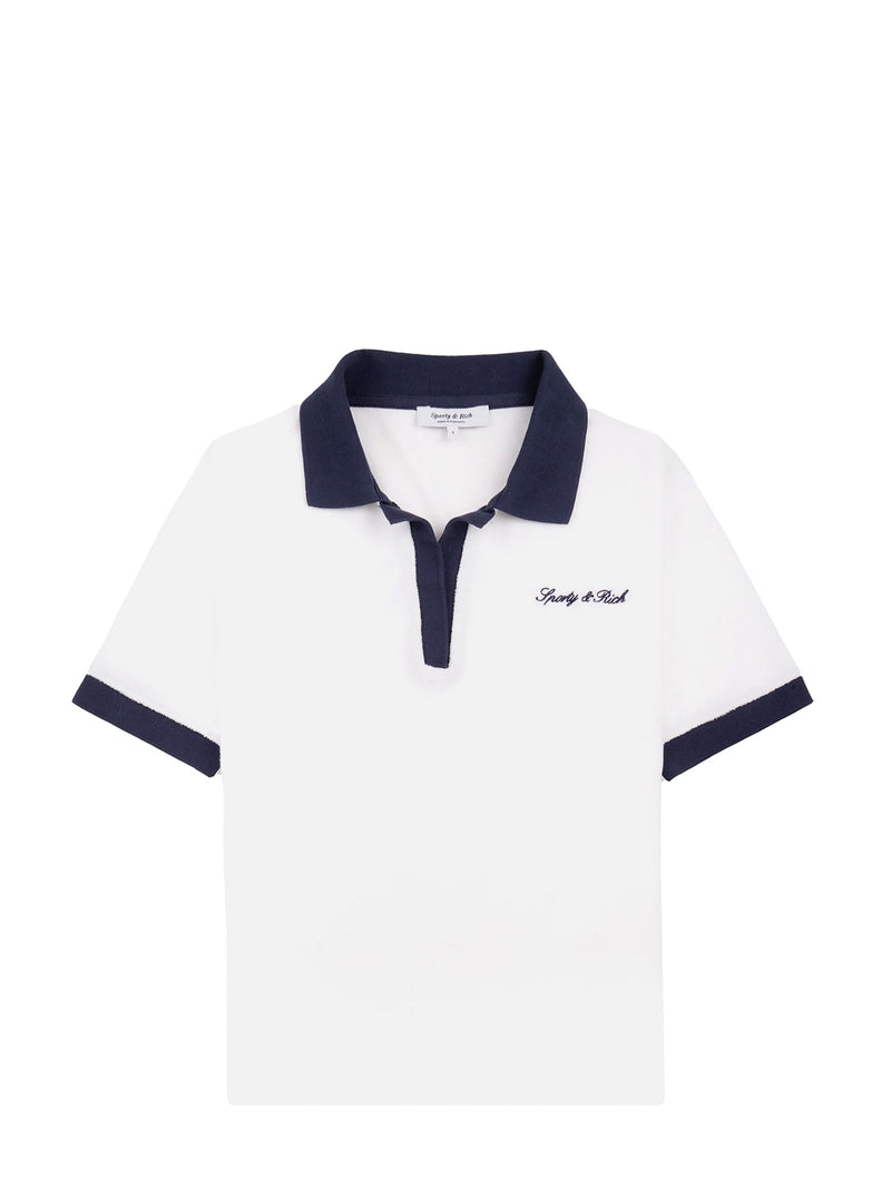 White Sporty & Rich polo shirt with navy accents on a white background