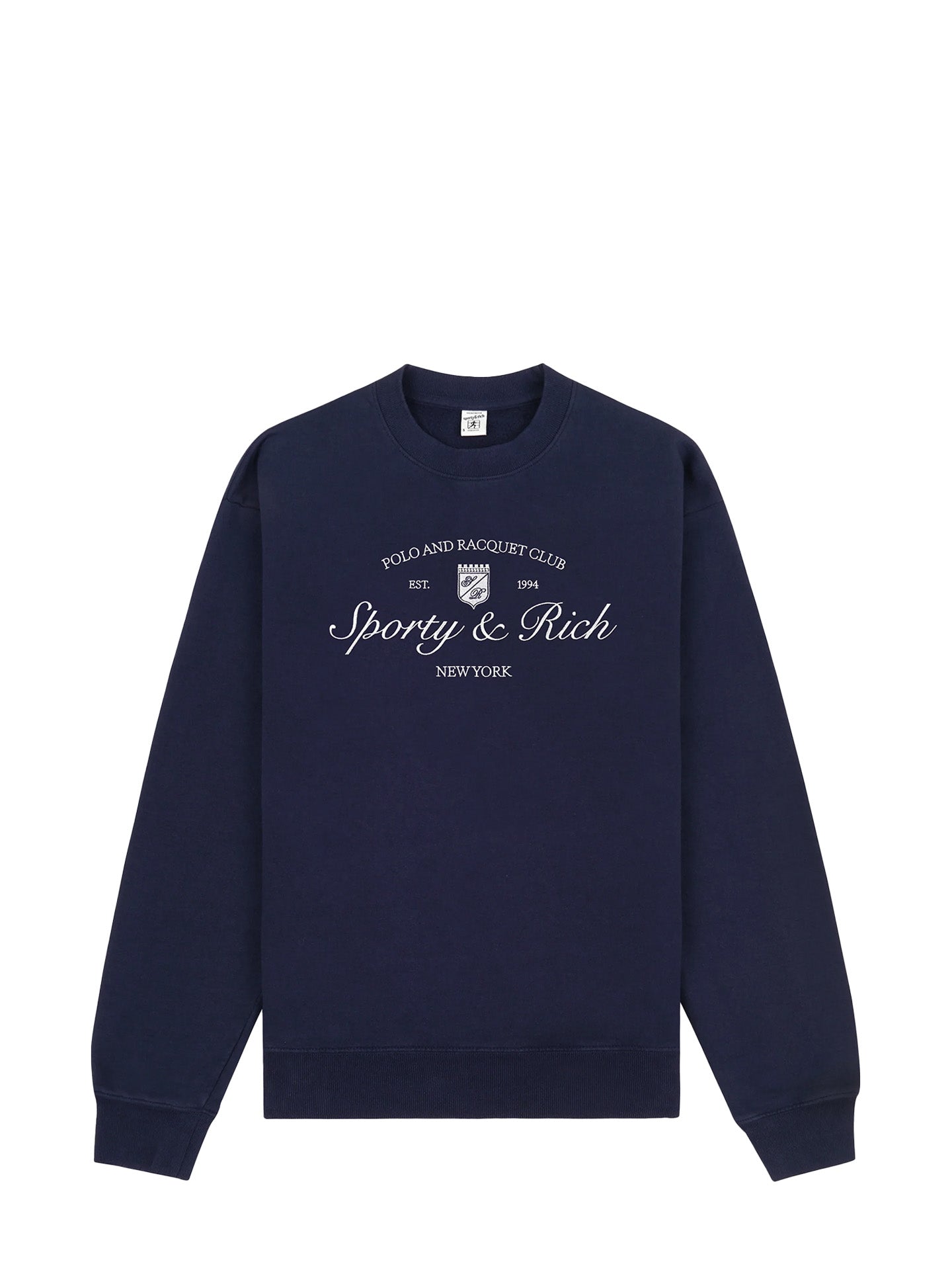 Navy blue Sporty & Rich sweatshirt with white text on a white background