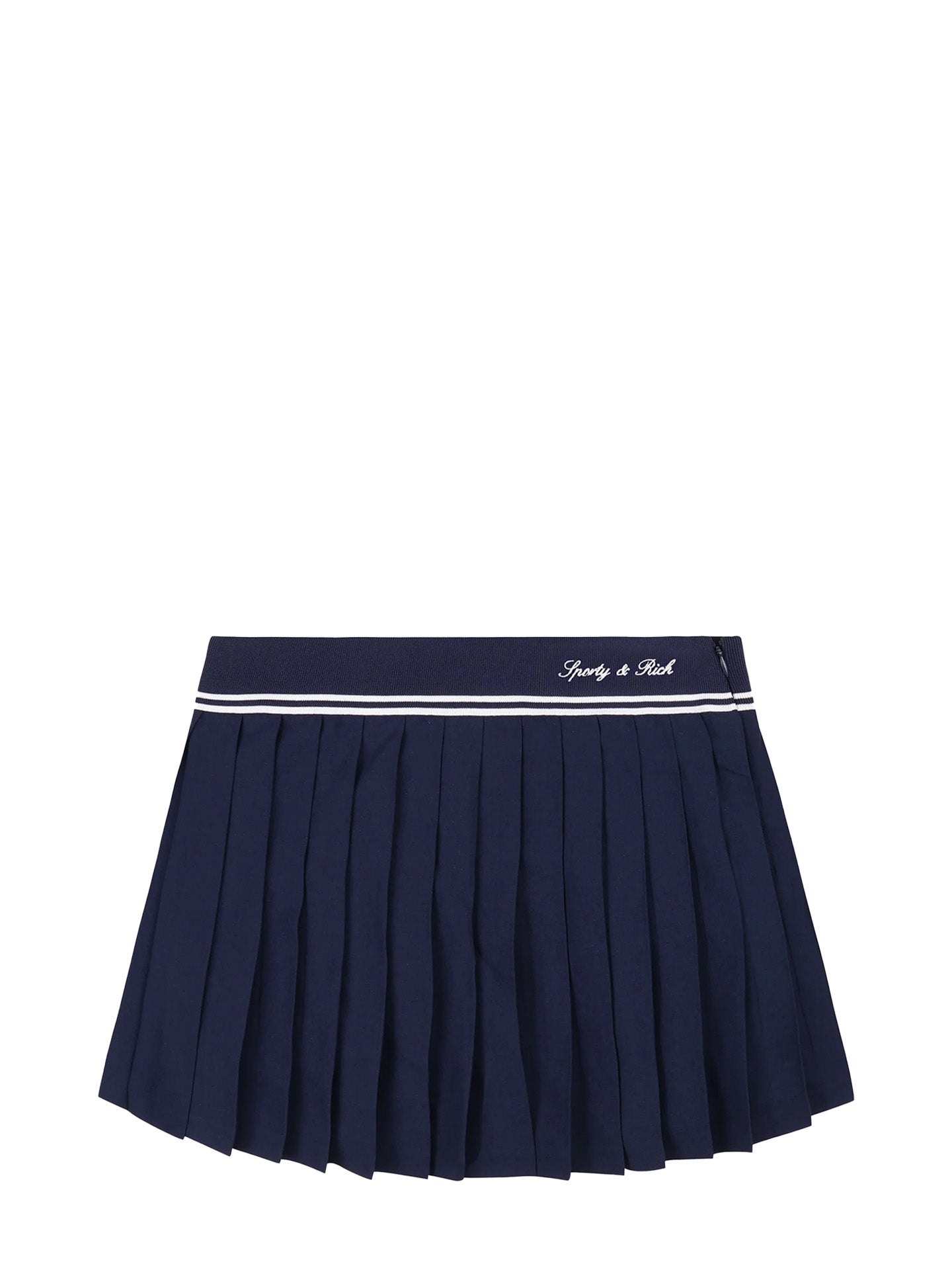 Navy Sporty & Rich pleated skirt with white trim on a white background