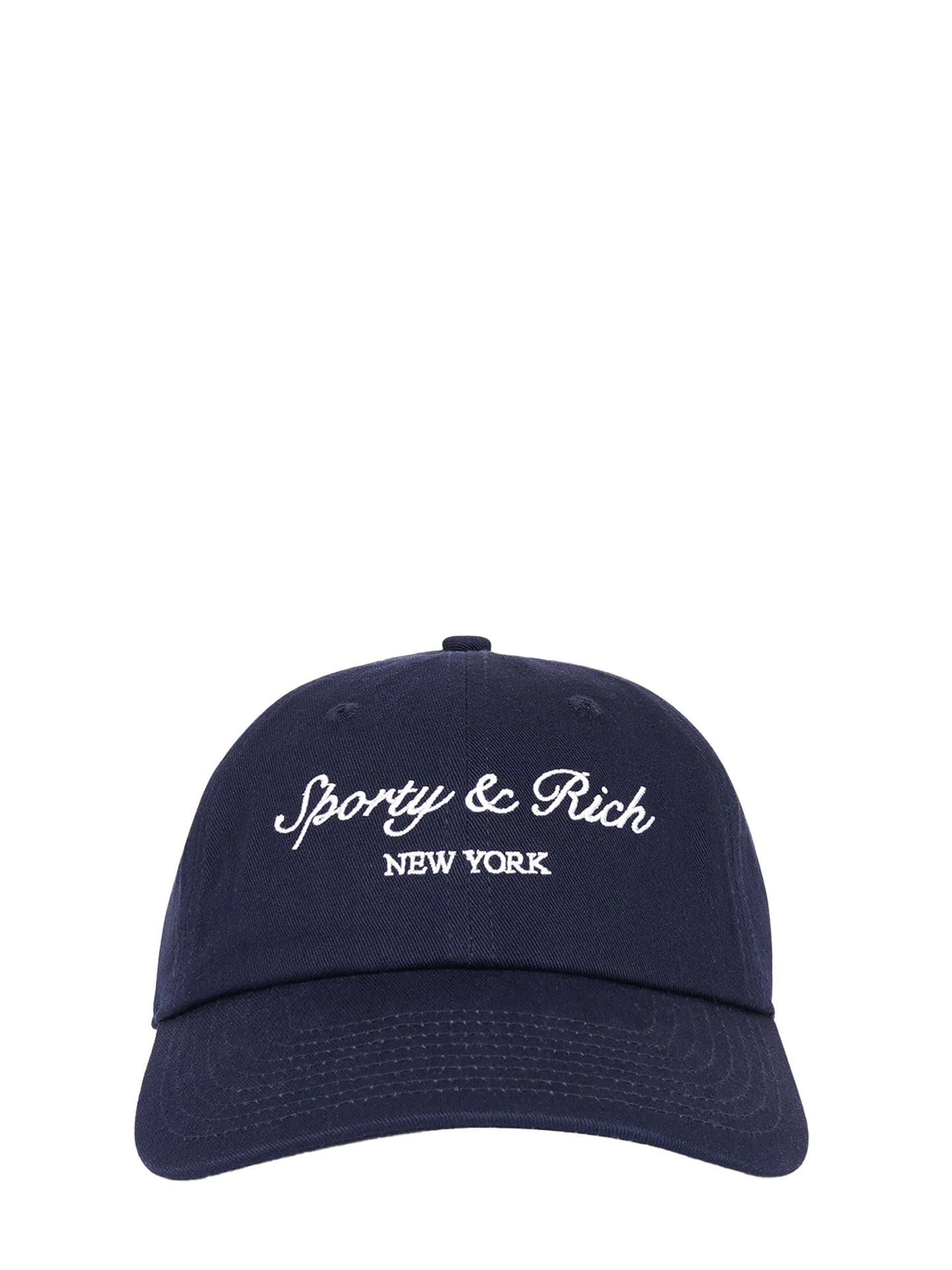 Navy blue cap with 'Sporty & Rich New York' text on a white background
