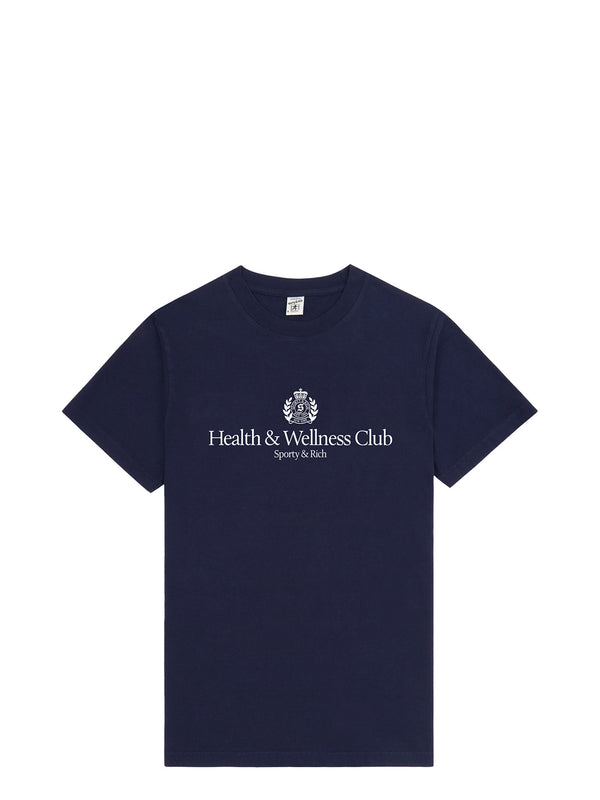 A navy blue short-sleeve crewneck t-shirt with a white printed logo and text on the chest reading 'Health & Wellness Club' and 'Sporty & Health', displayed flat against a solid white background.