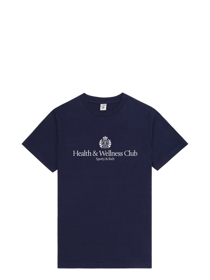 A navy blue short-sleeve crewneck t-shirt with a white printed logo and text on the chest reading 'Health & Wellness Club' and 'Sporty & Health', displayed flat against a solid white background.