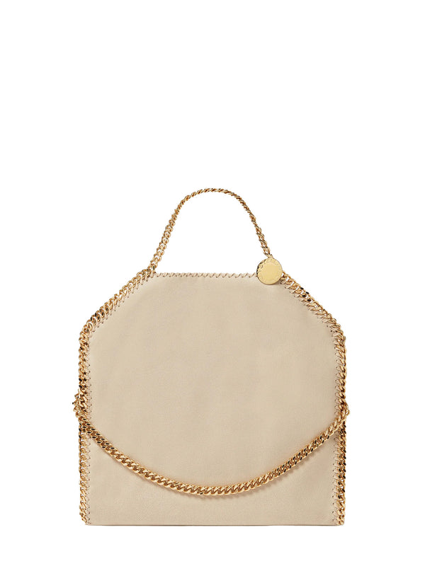 A pale beige shoulder bag with a gold-tone chain handle and trim, shown against a plain white background.