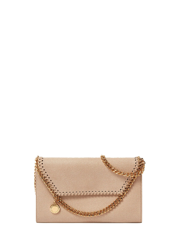 A light beige faux-leather clutch bag with a gold chain strap and gold-tone hardware, displayed on a clean white background.