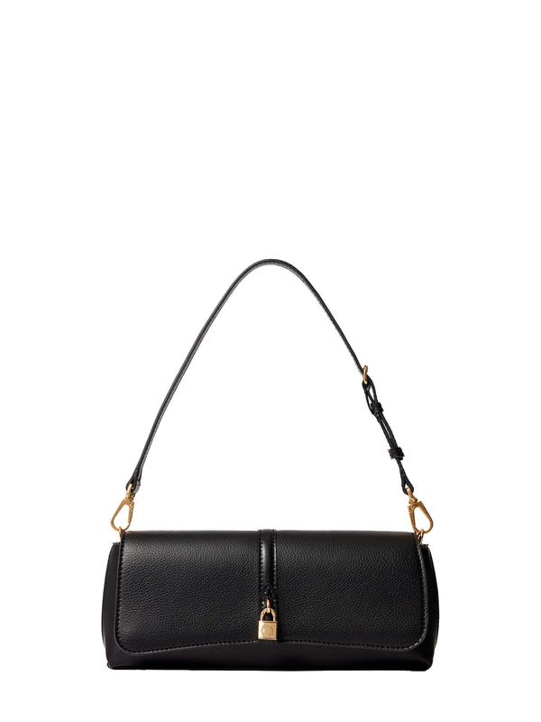 A black pebbled vegan leather shoulder bag with a gold padlock detail on the front flap and gold-tone hardware, shown against a plain white background.