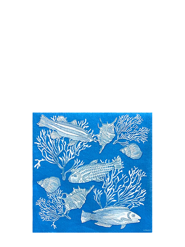 Blue napkin with white fish and coral design on a white background