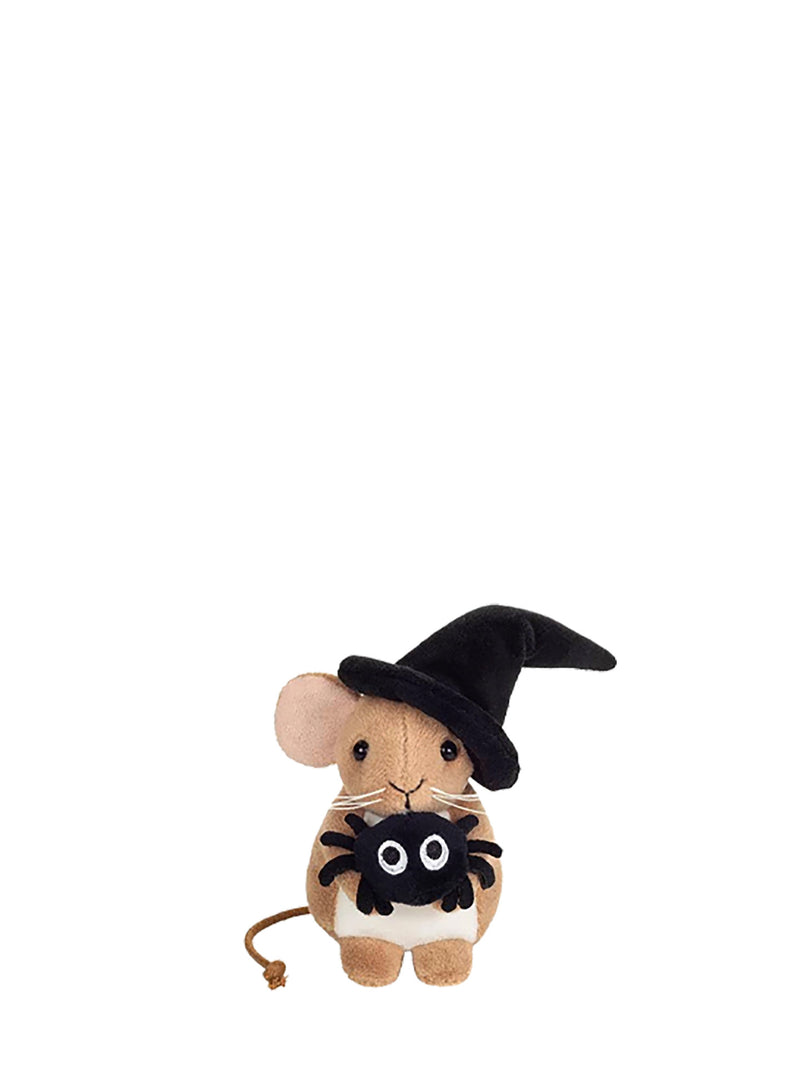 A small plush mouse toy wearing a black witch hat and holding a black spider, shown on a plain white background.
