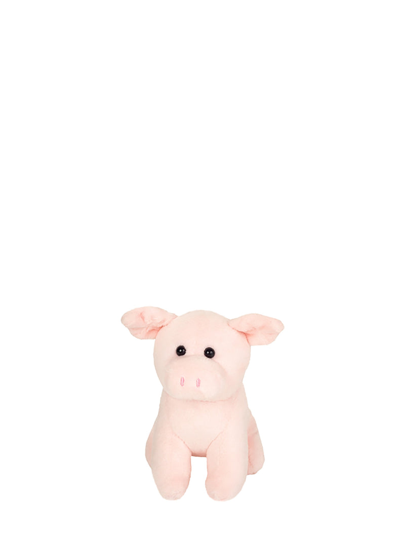 A small pink plush pig toy with black eyes and pink snout details, sitting against a solid white background.