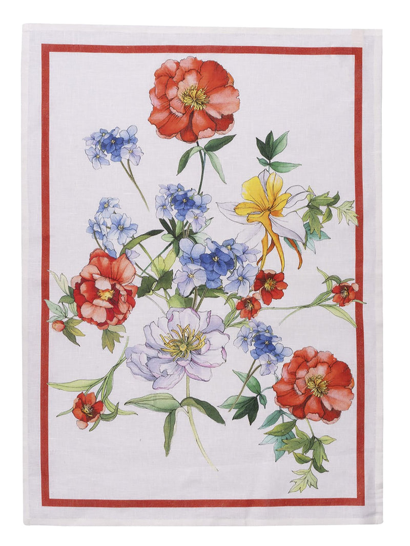 Floral patterned linen towel on a white background with a red border