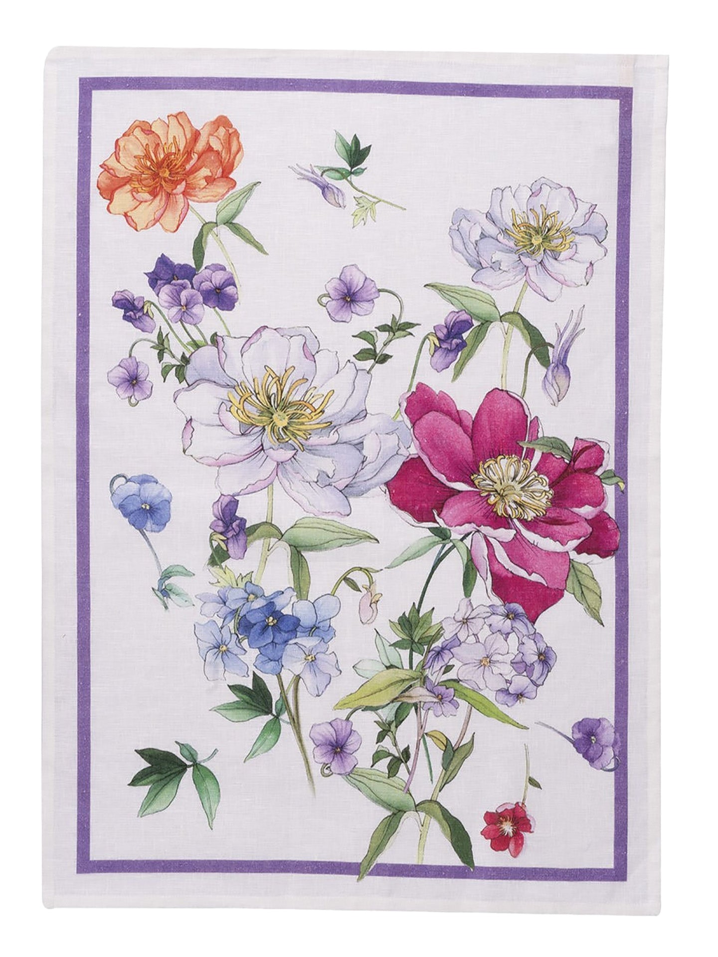 Floral patterned linen towel on a white background with a violet border