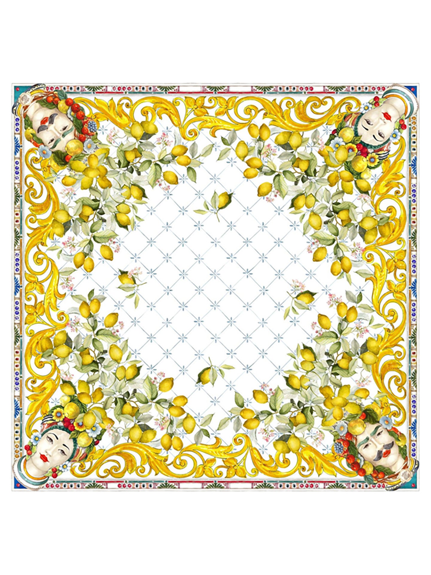 Tablecloth with a border featuring lemons, Moor heads, and intricate patterns
