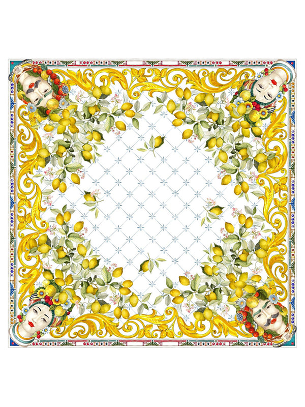 Tablecloth with a border featuring lemons, Moor heads, and intricate patterns
