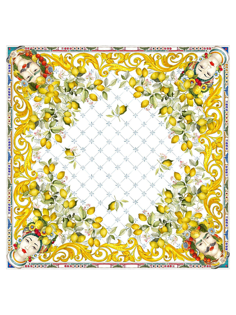 Tablecloth with a border featuring lemons, Moor heads, and intricate patterns