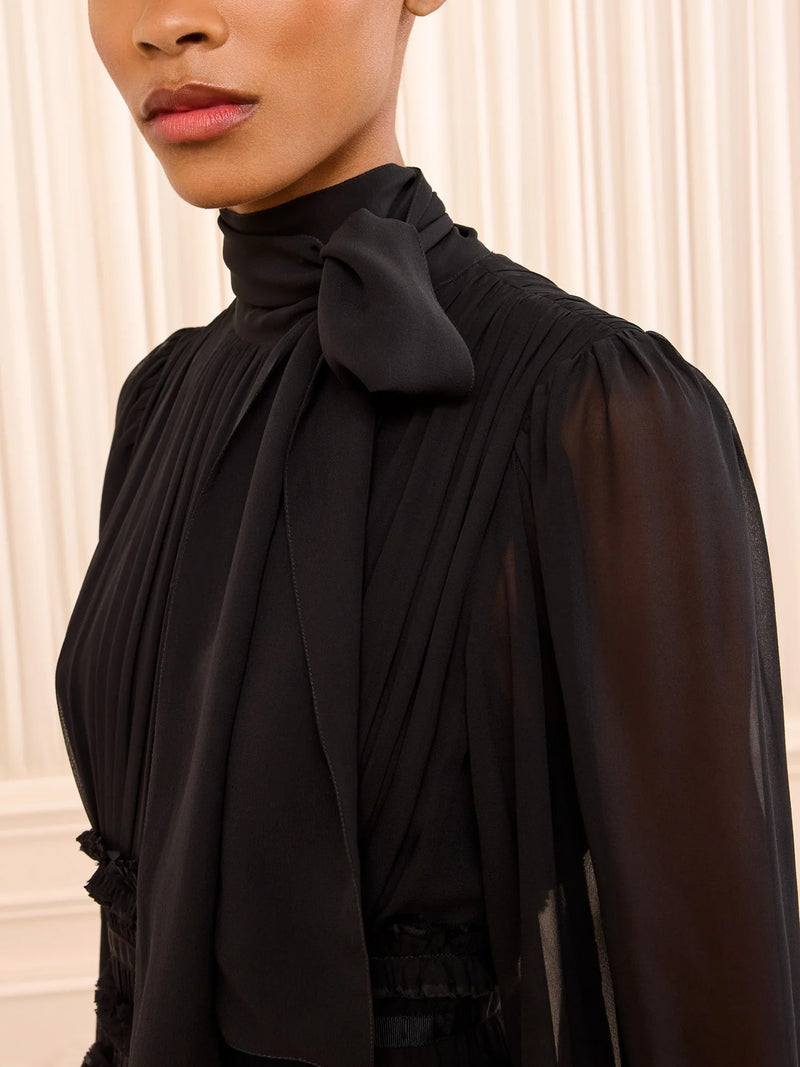 Celestine long sleeve silk dress, noir