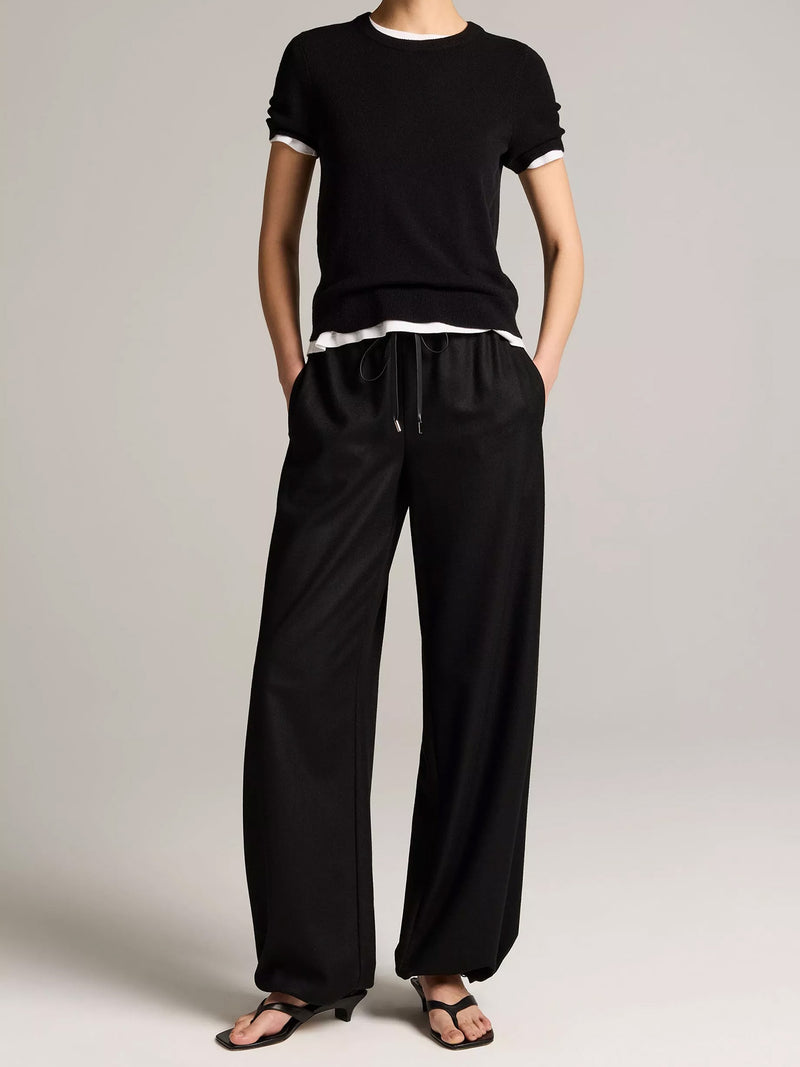 Mid rise soft flannel drawstring pant, black