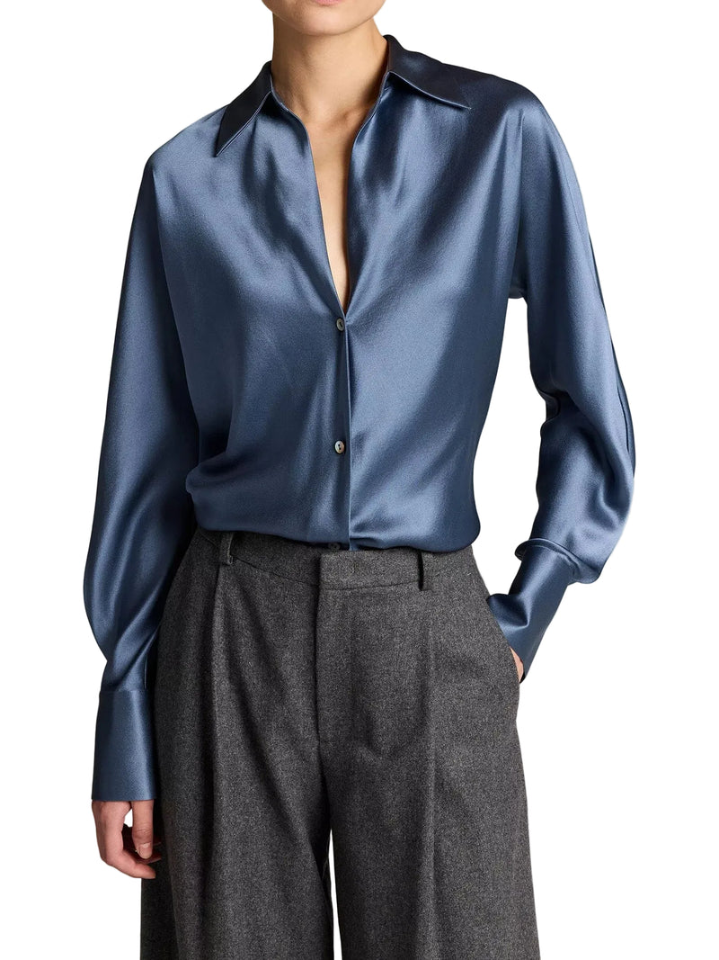 Bias long sleeve blouse, blue slate